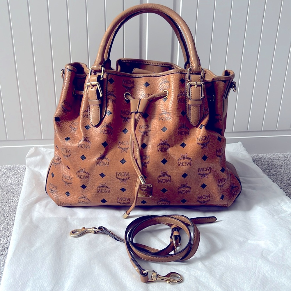 Authentic MCM Cognac Visetos Bucket Bag Large